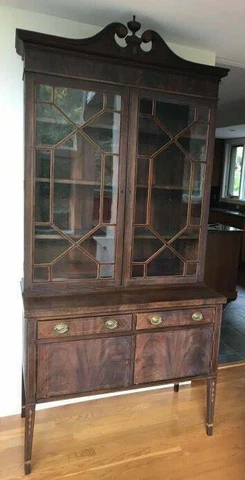 ANTIQUE INLAY MAHOGANY 2 PIECE DISPLAY CURIO CABINET CUPBOARD Cover