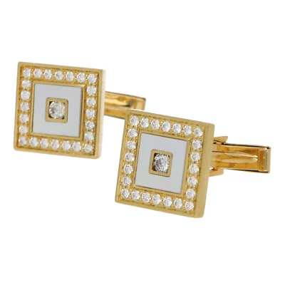 14k 585 Yellow Gold Square Mother of Pearl Diamond Men's Cufflink's - Image 1 of 4
