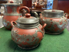 Chinese Yixing 3 Piece Terracotta With Overlaid Pewter Dragons Tea Set A/F