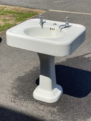 1930 Cast Iron Pedestal Bathroom Sink w/ Original Faucets, Clean w/ No Damage Cover