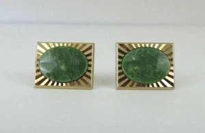Vintage Herren Swank Oval Grün Strukturstein auf Quadrat Goldrahmen Manschettenknöpfe - Bild 1 von 6