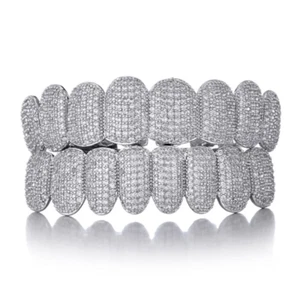 Teeth Grillz Prong with Bling AAA Cubicstones Silver Color Eight Top & Bottom Va - Picture 1 of 12