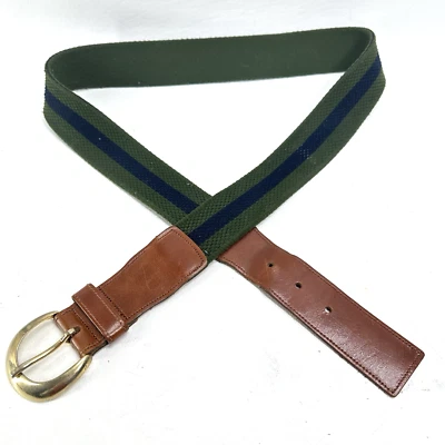 Cinturón Dunhill Hombre 36 Verde Azul Rayas Lona Marrón Cuero Borde Latón Hebilla Foto 1 de 4