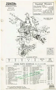 VAUXHALL WYVERN EIX 1954-56 : ZENITH 30VIG-11 CARB SERVICE BULLETIN/PARTS LIST - Picture 1 of 1