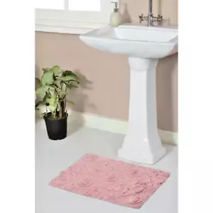Modesto Bath Rug 100% Cotton 2 pc Set Abstract Floral Pink 17x24 & 20x20 contour - Picture 1 of 12