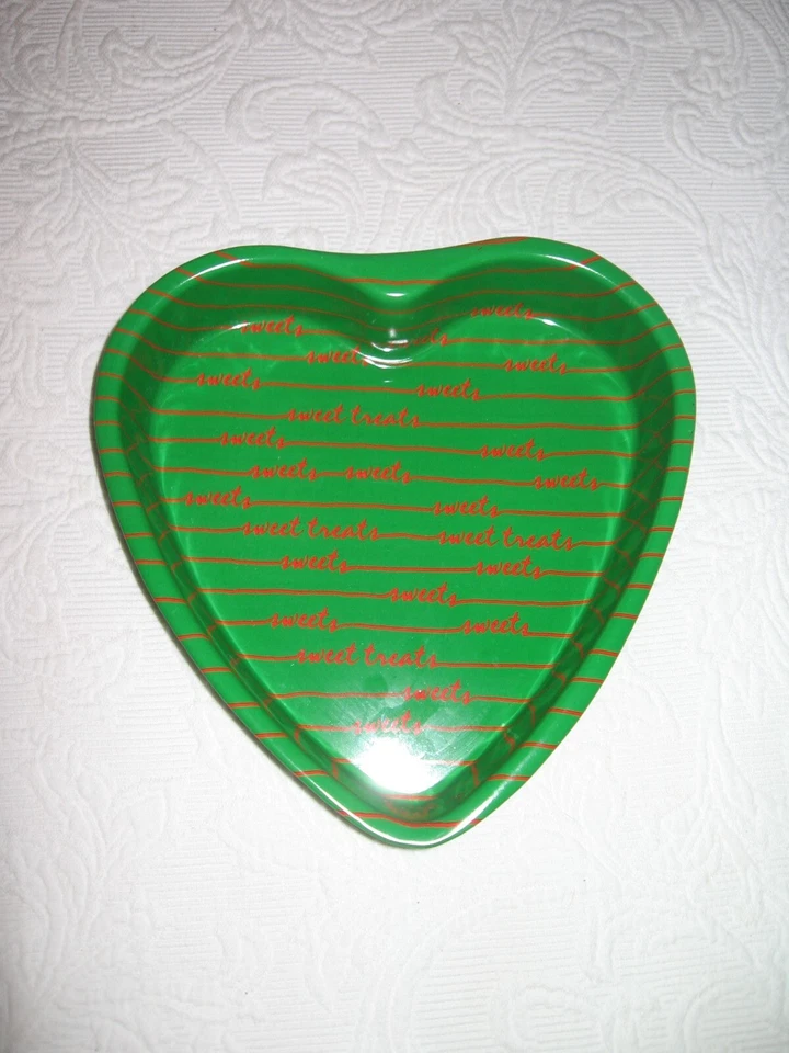 Heart Shaped 8" Metal Pan Green with Red "Sweet Treats" Goodie Gift Serving Tray - Image 1 of 1