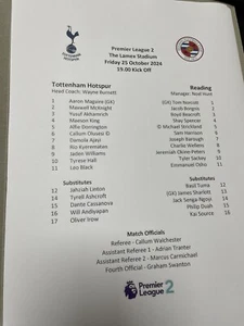 TOTTENHAM HOTSPUR U21 v Reading U21 PL 2 Teamsheet 25 October 2024 - Picture 1 of 1