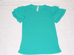 Juniors Womens Tickled Teal M Ruffled Short Sleeve T-Shirt Blouse Shirt Blue - Picture 1 of 6