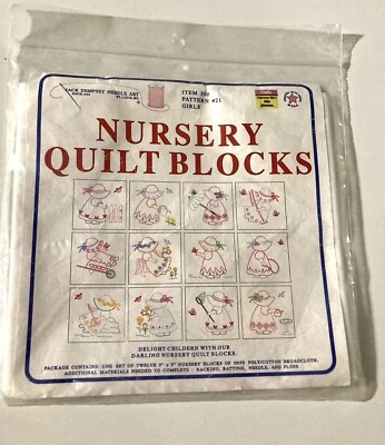 Jack Dempsey Nursery Quilt Blocks 12 Stamped 9x9” Little Girls In Bonnets. NEW. - Image 1 of 4