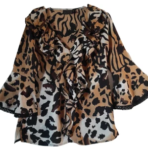 Bonprix Animal Print Flouncy Top Size 10-12 Ruffle Neck Browns NEW - Picture 1 of 6