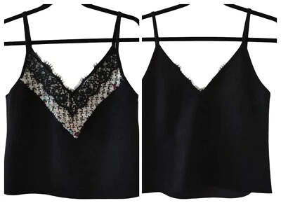 Regata Zara básica feminina preta camurça sintética tweed detalhe de renda alça espaguete XS - Imagem 1 de 4