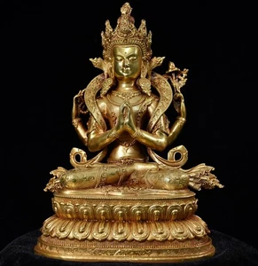 8,7 Zoll China alte antike tibetische Buddhismus Bronze vergoldet vierarmige Tara Buddha Statue - Bild 1 von 9