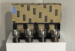 Servizio 4 tazze uova Lundtofte acciaio inox e teak danese vintage in scatola - Foto 1 di 12