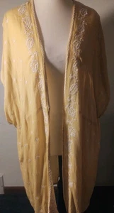 Love Tree Zitronengelb Blumen Viskose Kimono Strand Coverup Gr. L Boho Hippie - Bild 1 von 8