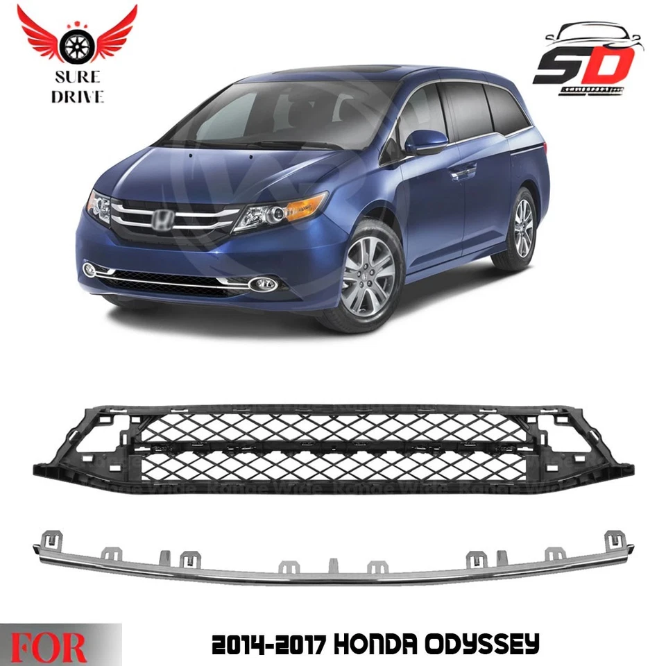 Front Bumper Lower Grille Mesh & Chrome Molding Kit For 2014-2017 Honda Odyssey — 第 1/4 张图片