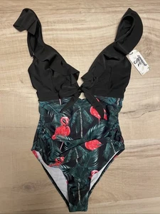 SPORLIKE Badeanzug Einteiler Flamingo V-Ausschnitt Größe M Neu - Bild 1 von 5