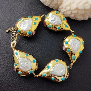 oliday Cultured White Pearl Turquoise Multi Color Crystal Beaded Bracelet - Picture 1 of 8