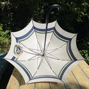 Vintage BURBURRYS OF LONDON Folding Umbrella 1980s Wooden Handle Crest Logo Rare - Picture 1 of 24