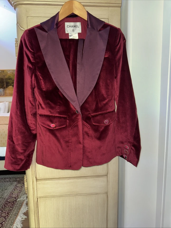 Chanel Pantalón Sarga Terciopelo Esmoquin Satén Solapa Cadena Botones Delanteros Talla F/42 Foto 1 de 4