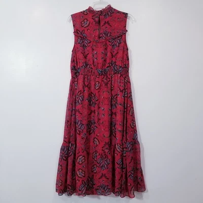 Modcloth Floral Print Ruffle High Neck Tiered Dress Women size Large Sleeveless - Image 1 of 4