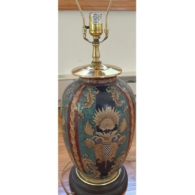 Vintage Oriental Lamp Porcelain Ginger Jar Tassel Gold Trim Blue Green Red - Image 1 of 4