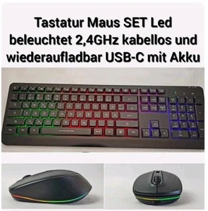 Tastatur + Maus Set beleuchtet kabellos 2,4GHz QWERTZ wiederaufladbar mit Akku - Bild 1 von 19