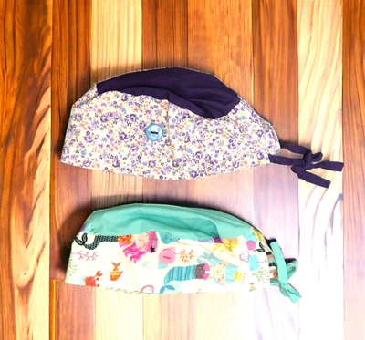 Surgical Scrub Hat Caps Ponytail Beach Mermaid Floral Spring Colorful Set of 2 - Image 1 of 4