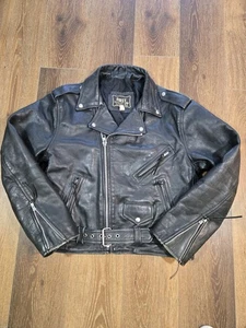  VTG First Genuine Leather Black Motorcycle Jacket Raised Eagle Men’s 44 - Picture 1 of 16