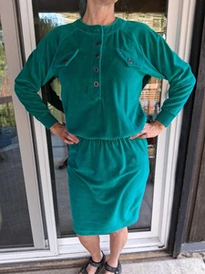 Vintage Velour Shirtdress With Fitted Skirt And Button Flap Pockets - Picture 1 of 6