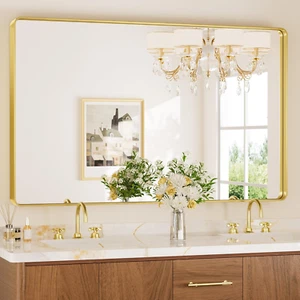 Brushed Gold Bathroom Mirror 48 X 30 Inch Large Rounded Rectangle Vanity Mirror, - Picture 1 of 9