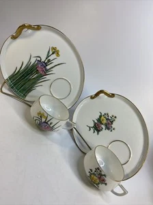 Kotobuki Tea Cup Snack Plate Hand Painted Bone China Kyoto Japan Floral Set of 2 - Picture 1 of 17