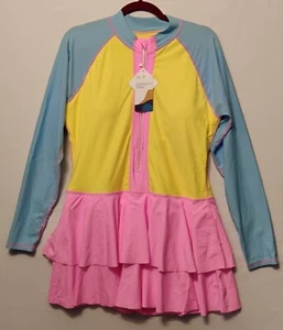 UNIQUEBELLS 2XL Modest Long Sleeve Rash Guard Swim Dress UPF 50+ Tiered Skirt - Picture 1 of 11