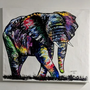 Large Bright African Elephant Oil on Canvas Painting - Picture 1 of 2