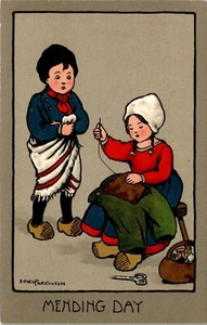MENDING DAY Dutch Children Signed Parkinson Postcard - Picture 1 of 2