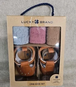Lucky Brand Infant Crib Shoe Set With 3 Pair Knee Hi Socks 3-6 Months Sz 2 NIB - Picture 1 of 6