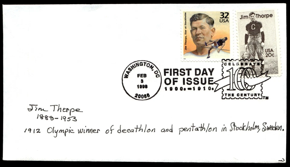 1998 Jim Thorpe FDC Celebrate the Century HR APV Cachet-Multi Stamp - Image 1 of 2