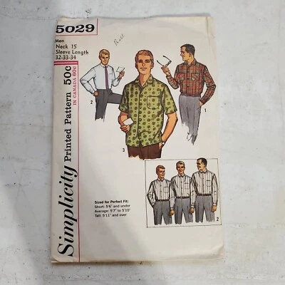 Vtg Simplicity Mens Button Front Shirt Pocket 15" Neck Pattern 5029 CUT 1960s - Image 1 of 4