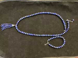 Blauer Lapislazuli Perlen Halskette Quaste & Armband DK 925 Sterling Silber - Bild 1 von 5