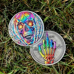 * Funny Adult Middle Finger Skull* Coin Metal 1.5" Pocket Coin/Golf Ball Marker - Picture 1 of 6