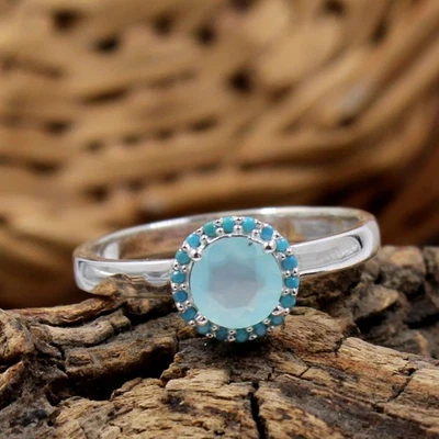 Anello in argento sterling 925 con calcedonio acquatico e nano turchese... - Immagine 1 di 4