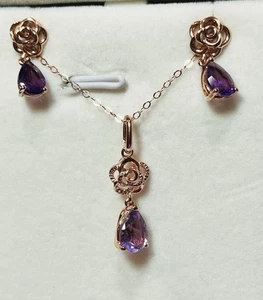 18k Rose Gold 925 Sterling Silver Amethyst Roses Earrings Pendant Necklace Set - Picture 1 of 15