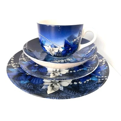 4pc Dinner Set Blue Floral Design; 10", 8" Plates 16oz Mug 7.5" Soup Bowl - Image 1 of 4