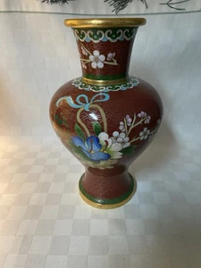 Vintage chinesische Cloisonné 9" Vase roter Blumenkorb mit blauem Band - Bild 1 von 10