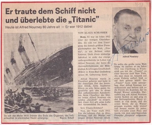 Alfred Nourney - Überlebender der "Titanic" - Zeitungsbericht- original signiert - Bild 1 von 1