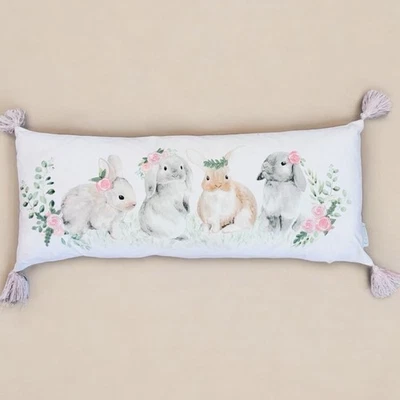 The Prairie Bunny Rabbit Rose Embroidered Pink Polka Dot Tassel Removable Pillow - Image 1 of 4