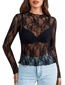 Women's Mesh Top Long Sleeve Mock Neck Sheer Blouse See Through Floral Lace T... - Picture 1 of 7