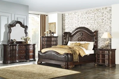 STUNNING 4 PC. CARVED FAUX LEATHER KING BED NS DRESSER BEDROOM FURNITURE SET - Image 1 of 4