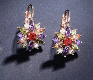 MULTI COLOUR GOLD FILLED FLOWER HOOP EARRINGS MADE WITH SWAROVSKI CRYSTALS HE16 - Picture 1 of 9