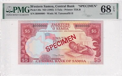 Western Samoa, 5 Tala, 1985, UNC, p26s, Specimen, PMG 68 EPQ, High Condition - Image 1 of 2