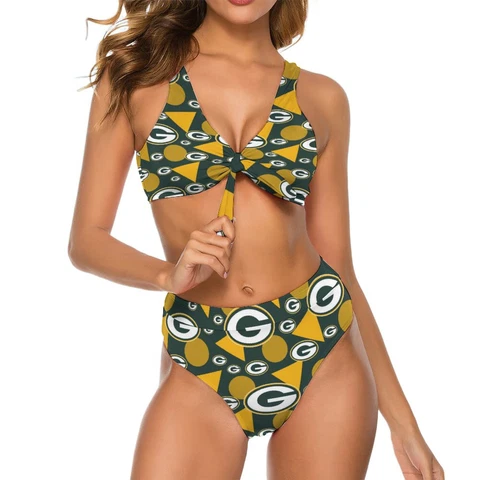 2pcs Green Bay Packers Womens Bow Tie Bikini Printed Swimsuit, with Chest Pad Cover